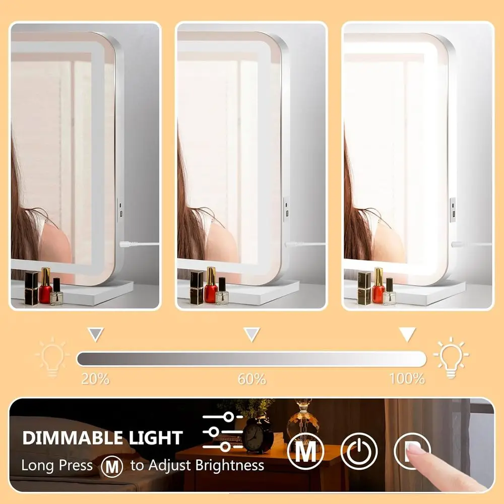 Podświetlane lusterko kosmetyczne LED, 23x18, 3-stopniowa regulacja oświetlenia, ekran dotykowy, aluminiowa ramka, port USB