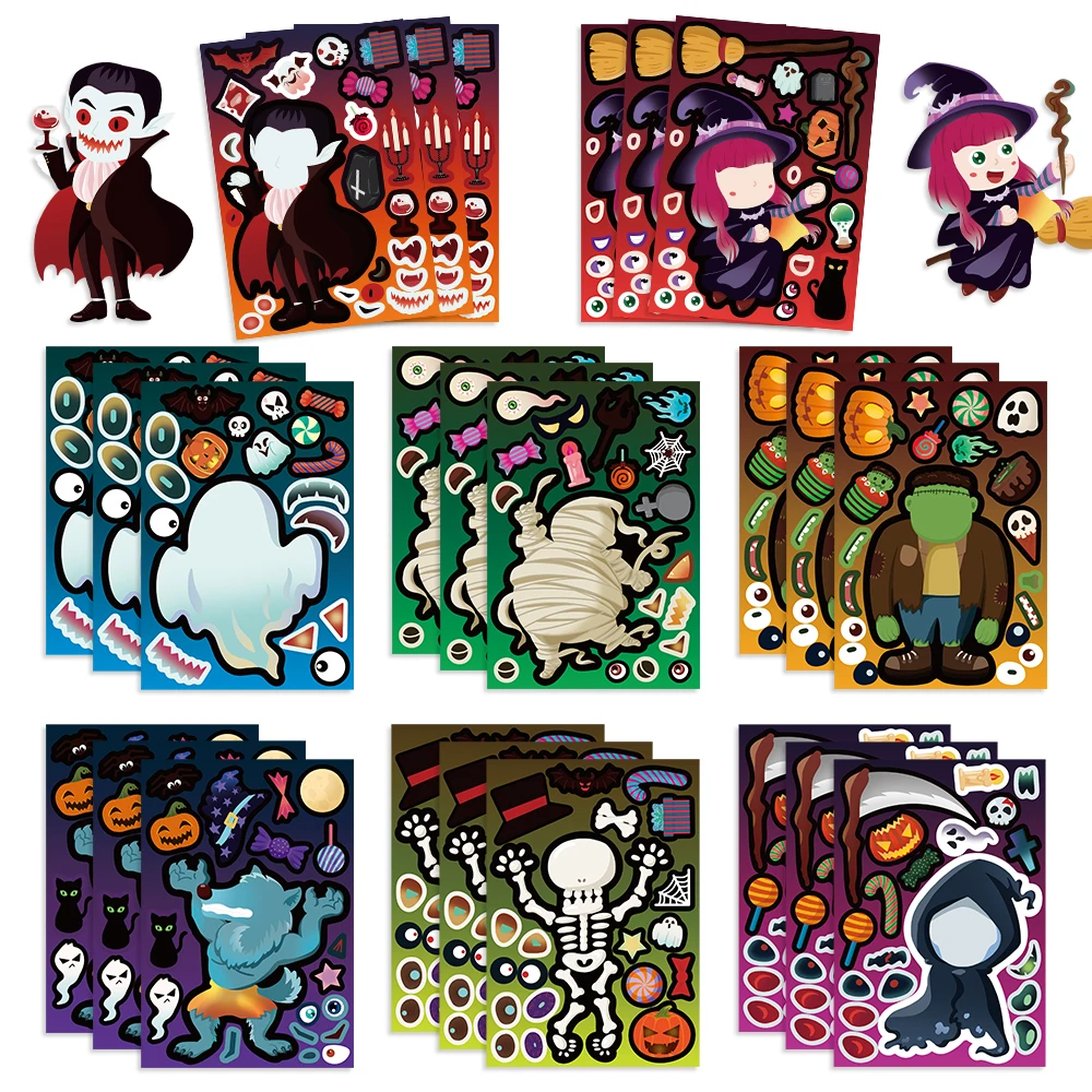 8/16/24pcs Halloween Stickers Crafts for Kids Make A Face Witch Pumpkin Ghost Assembly Puzzle Sticker Party Favor DIY Toys