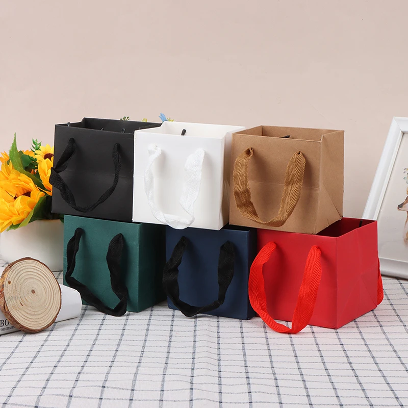 1pc Square Portable Kraft Paper Bag Flowers Shopping Clothes Wig Packaging Bag Plant Birthday Wedding Gift Bag 10*10cm