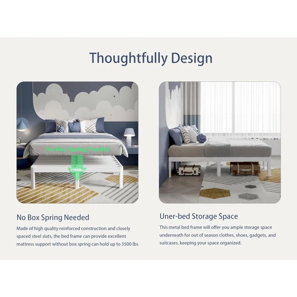 إطار سرير معدني أبيض بحجم كوين مع ارتفاع 12 بوصة، لا يتطلب صندوق زنبركي، هيكل فولاذي عالي التحمل يدعم ما يصل إلى 350