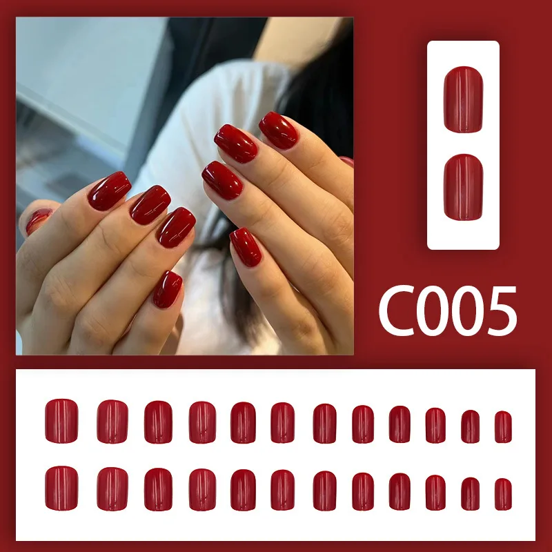 24 Pcs Short Solid Color Press on Nails Acrylics Autumn and Winter New Year Red False Nails Reusable Adhesive Square Nail Tips