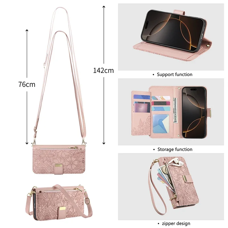 Voor Samsung Galaxy S26 S25 Ultra S24 S23 FE S22 Ultra Plus A05 A25 A57 A55 A56 A37 Leather Case Crossbody kaart Portemonnee Flip Cover