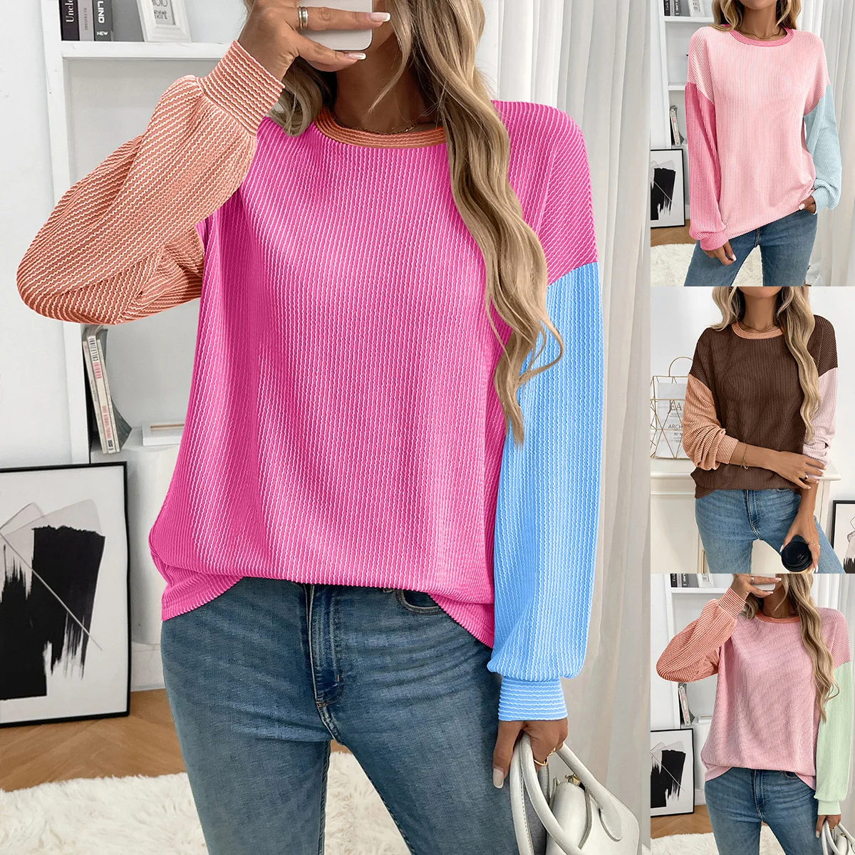 

Sweatshirts Top Women Sporty Casual Sweatshirt Round Collar Patchwork Full Sleeve T Shirt Female Autumn Winter Tops Streetwear