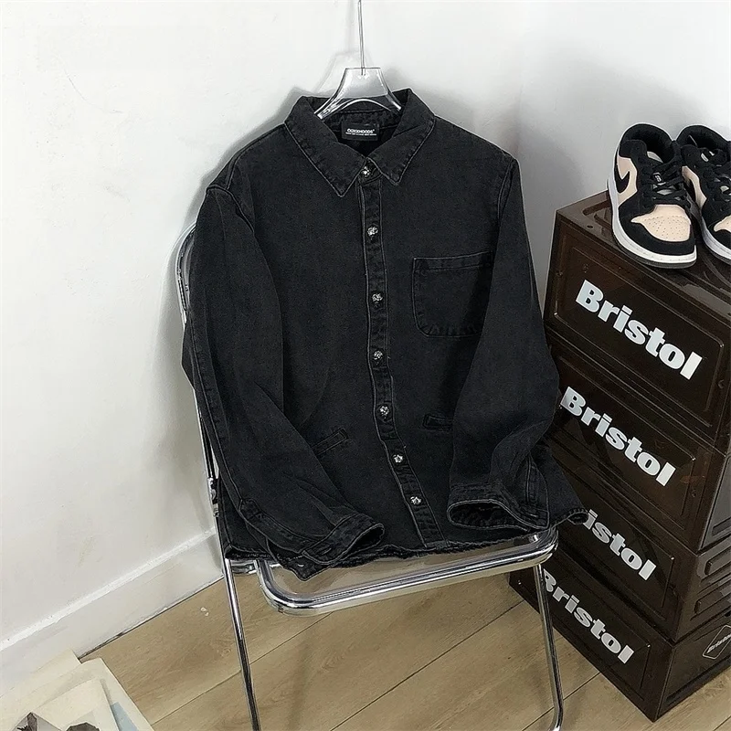 Dark Cotton Denim Long Sleeve Shirt Heavyweight Pure Cotton Men's Autumn Winter Jacket Crossbody Loose Fit Youth Trend