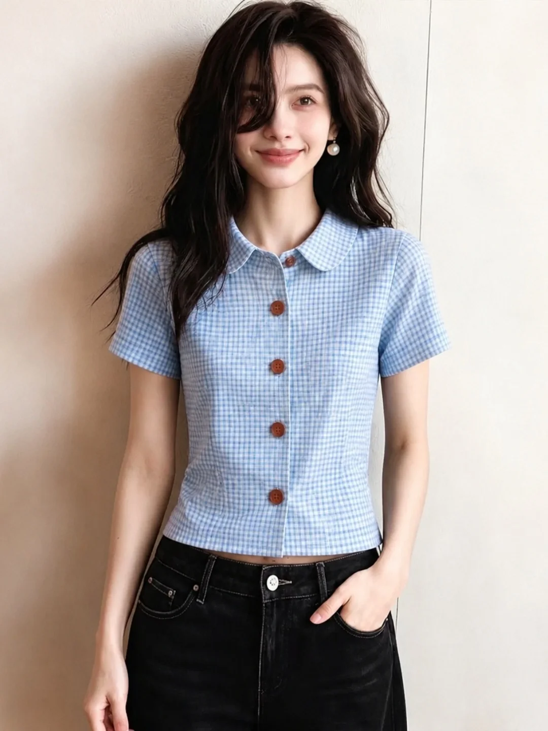 

Chic Plaid Short Sleeve Shirt Women's Single Button Design Sensation Sweet Fashionable Korean Style Straight Cut Silk Top