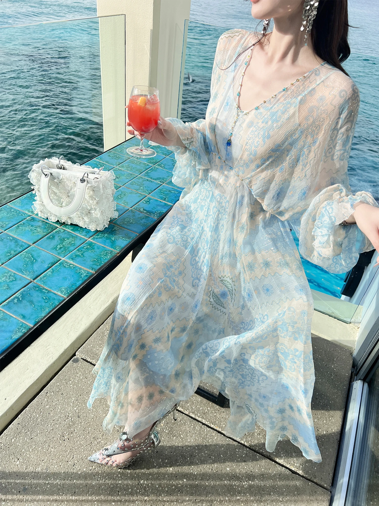 

Elegant Dress Set Encounter Mesopotamia New 2026 Yu Xiaoxiao High Waist Silk A-Line Gown Long Sleeve Casual Spring Dress
