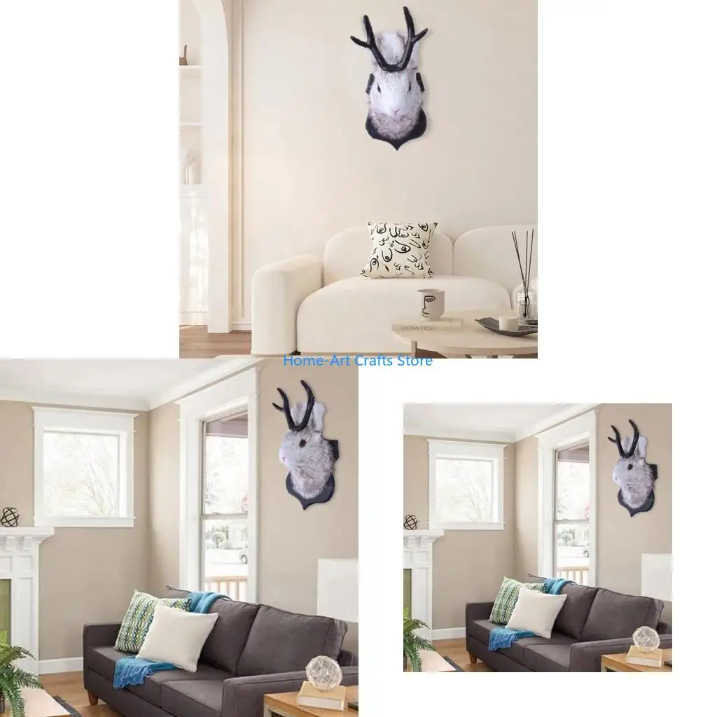 Y3NA Antler Rabbit Head Figurines Wall Mounted 3D Simulations Rabbit Statue Animal Taxidermy Ornament Household Wall Hook