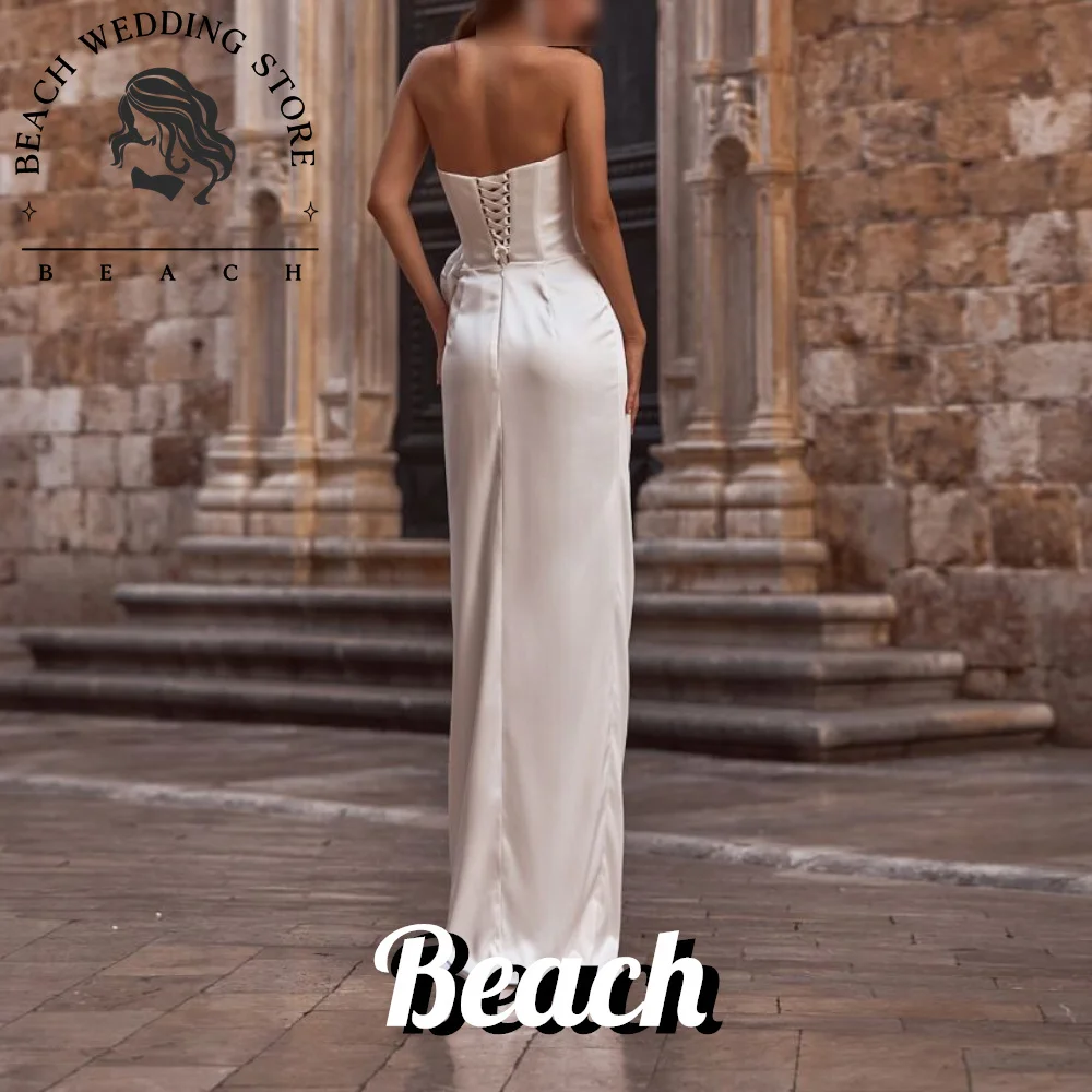 Beach Customized Side Silt 3D Flowers Satin Pleats Straight Sweep Train Floor Length Fairy Garden Wedding Dress Lace up Back