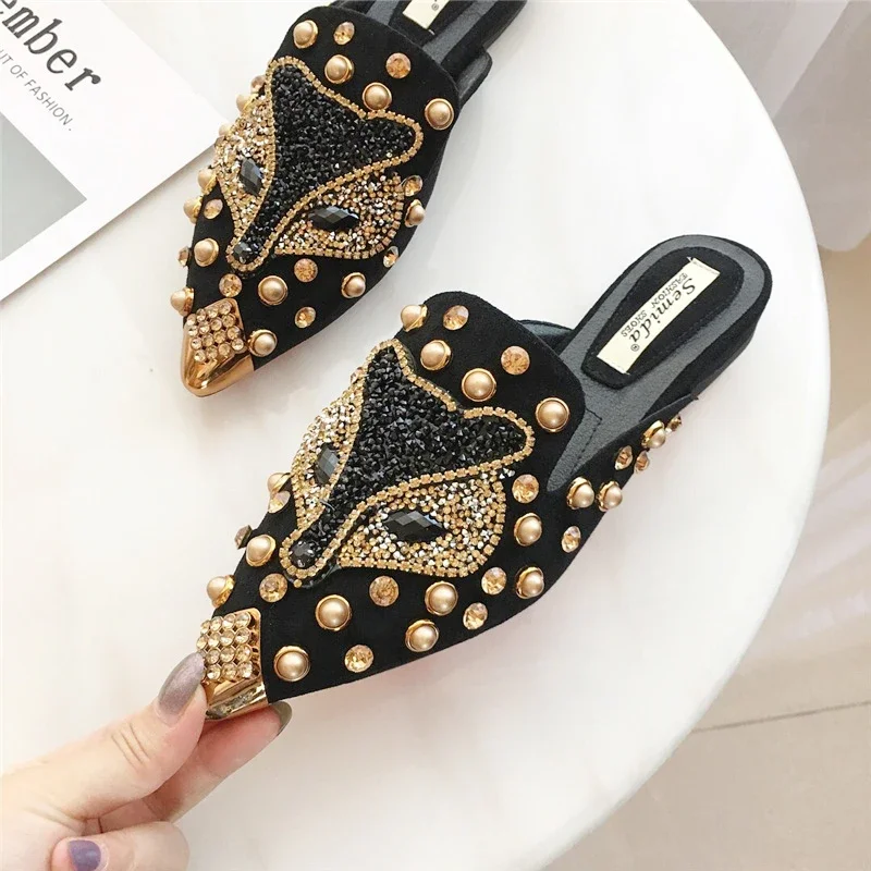 2025 New Shoes for Women Luxury Slipper Girl Outdoor Rhinestone Fox Casual Flat Sandals Girl Heels Pointed Toe Slides