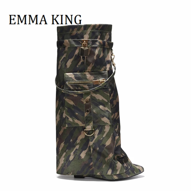 2024 New Women Camo Wedge Knee High Boots Sexy Pointy Toe Metallic Lock Decor Foldover Boots Zipper Pouch Pocket Detail Boots