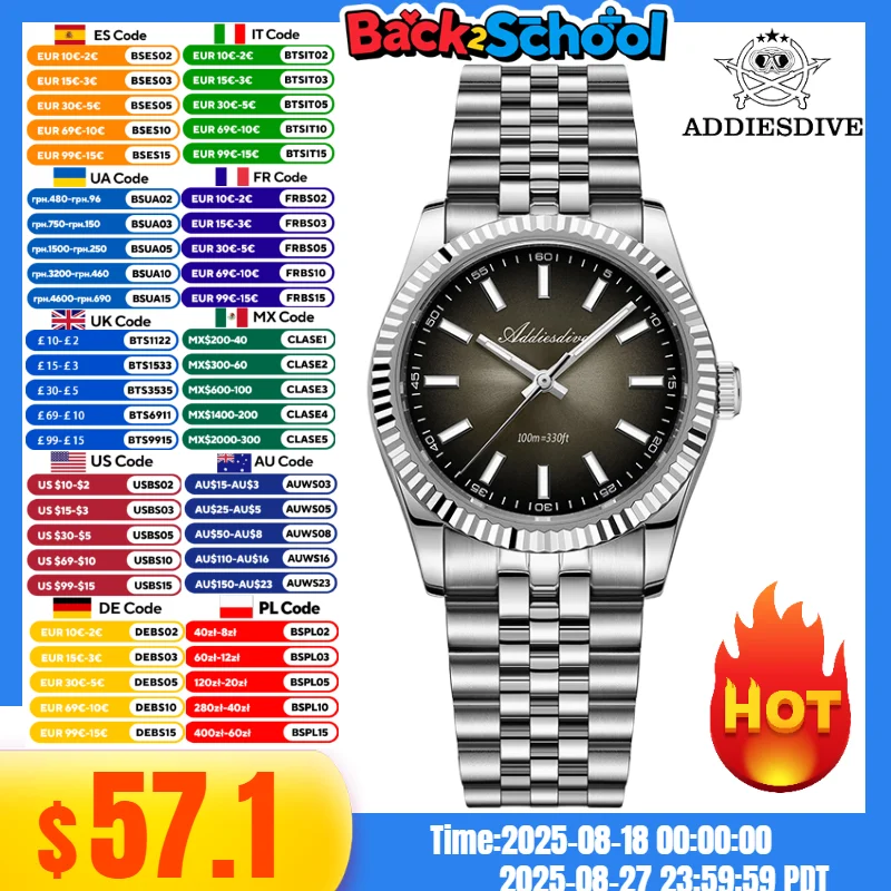 

ADDIESDIVE 36mm Watch For Men BGW9 Luminous 316L Stainless Steel VH31 Movement Sapphire Glass 100m Waterproof Quartz Watch