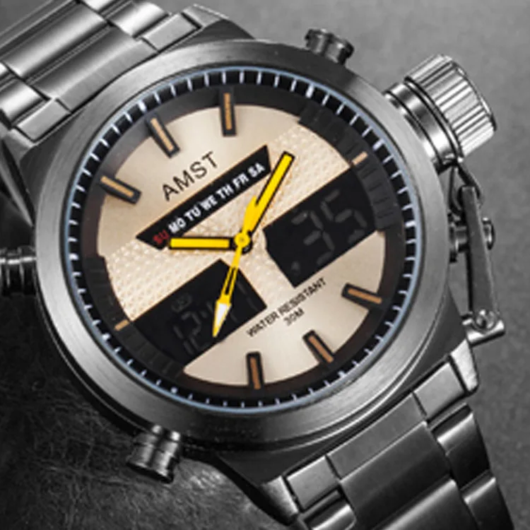 

AMST Лидер продаж, деловые модные спортивные часы из нержавеющей стали с большим циферблатом, многофункциональные мужские электронные часы со стальным ремнем