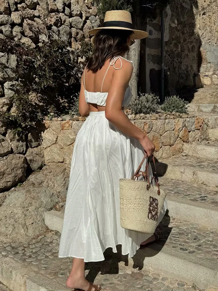 Chicheca Solid White A-line Long Skirt Spring Summer Women Elegant Pleated Skirt Bottoms 2025 High Waist Female Faldas Mujer