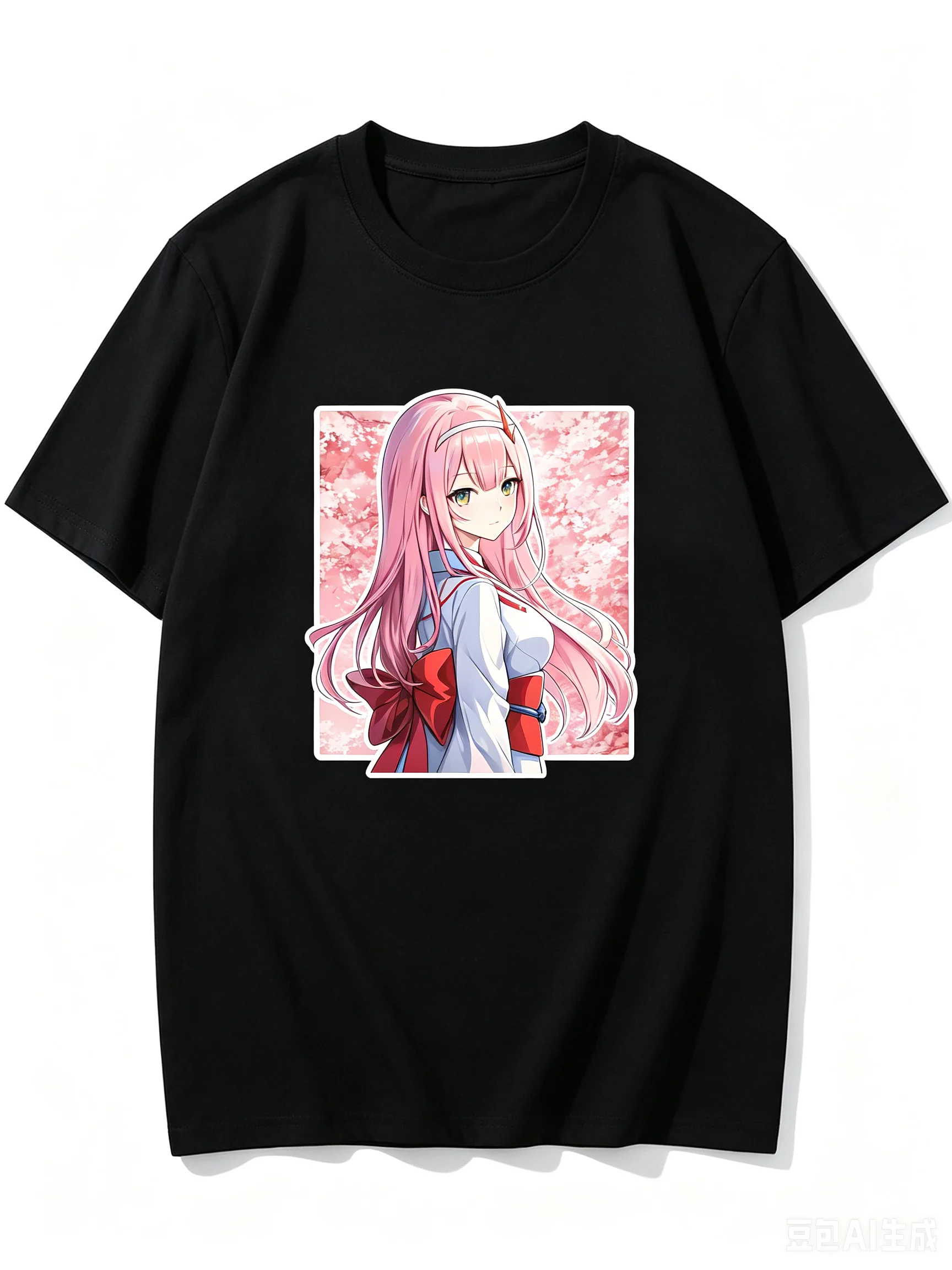 2026 New Unisex Crew Neck Casual Short Sleeve T-Shirt With Kimono Zero Two Cherry Blossom Square Frame Anime Print T-Shirt