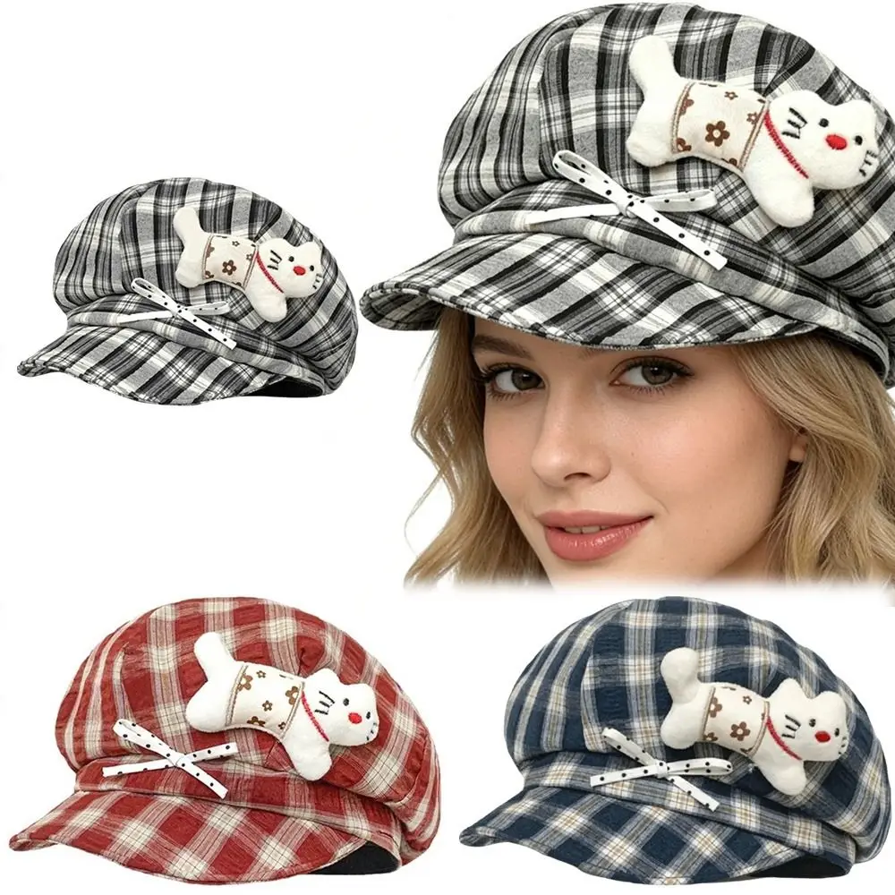 Cute Face Slimming Plaid Beret Hat Sun Protection Y2K Octagonal Cap Thin Design Artist Hat Women's Fashion
