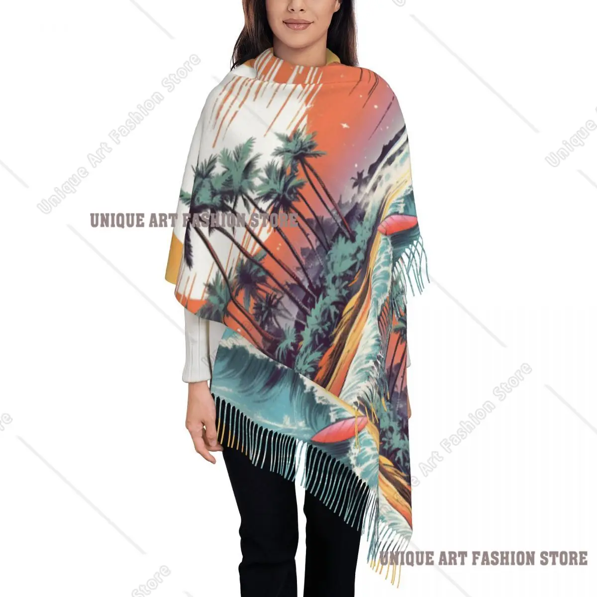 Grand foulards de plage de Surf personnalisés pour femmes, châle épais et chaud avec pompon, enveloppe d'aventure, Camping, camping-car en montagne, hiver