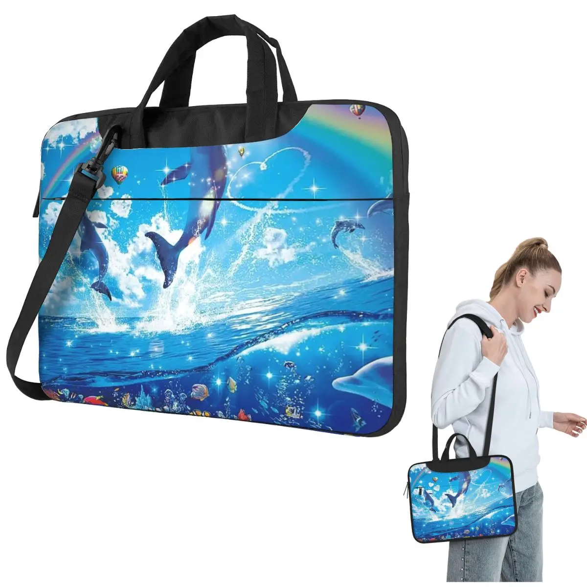 Symphony Dolphins Frutiger Aero Crossbody Laptop Bag Case Computer Bag Resistant Protective Notebook Pouch for Macbook Pro