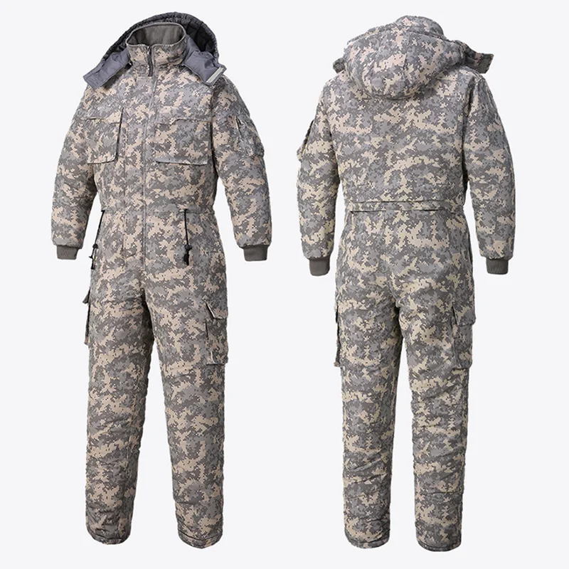 

Winter Waterproof Jumpsuit Men Women One-Piece Ski Down Parka Jumpsuit Outdoor Sports Camouflage Jacket Warm Hooded Overalls