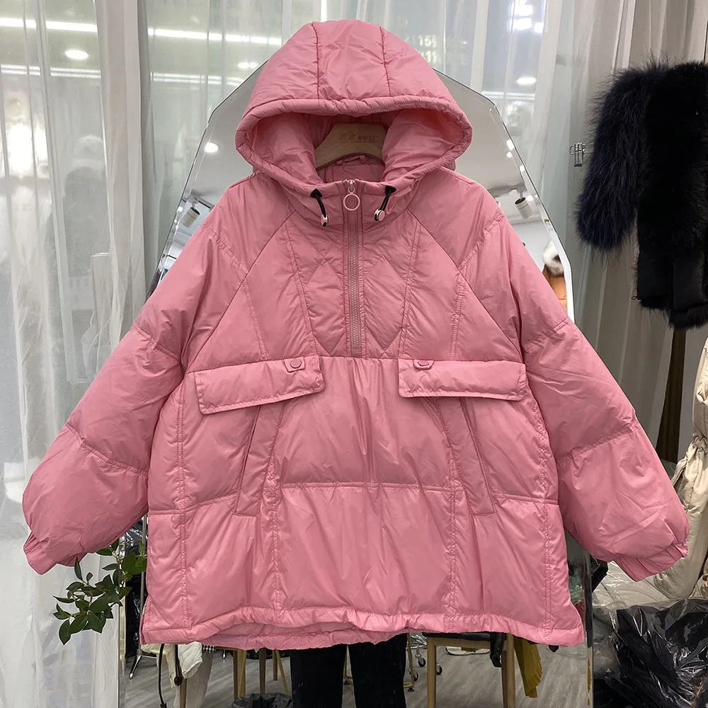 Winter Hooded Pullover Feather Jacket Women 90% White Duck Down Coat Casual Loose Parker Irregular Snow Warm Outwear