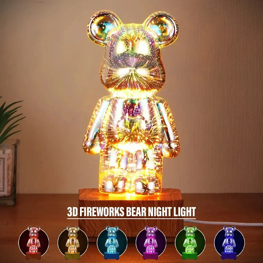 3D Firework Bear Light Led Night Light decorazione della camera da letto USB Atmosphere Dimming Desk Lamp 7 cambia colore regalo per bambini