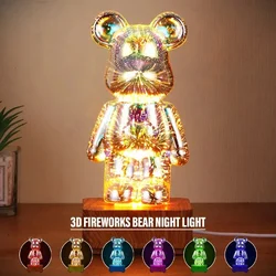 3D Firework Bear LED Night Light, Decoração do Quarto, Atmosfera USB, Escurecimento Desk Lamp, 7 Mudando de Cor, Changeable Kid Gift