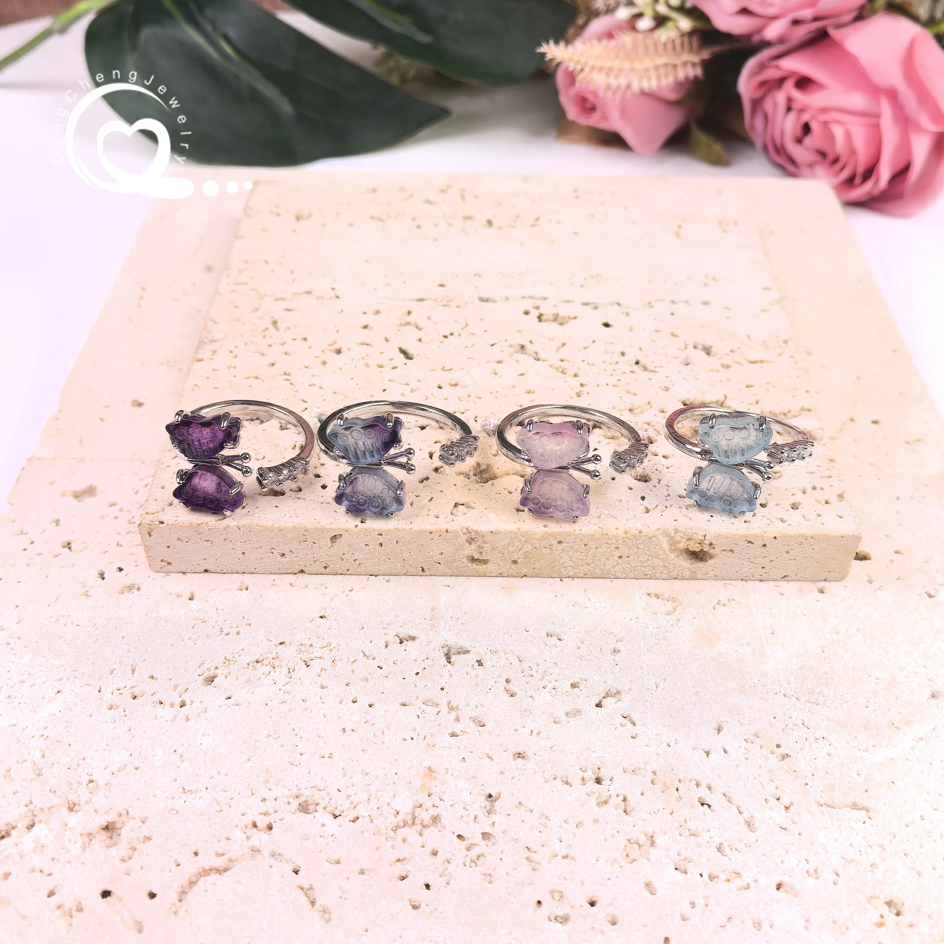 

Rainbow Fluorite Butterfly Rings Craved Natural Quartz Stone Adjustable Finger Ring Women Fashion Bohemia Jewelry Gifts,QC4236