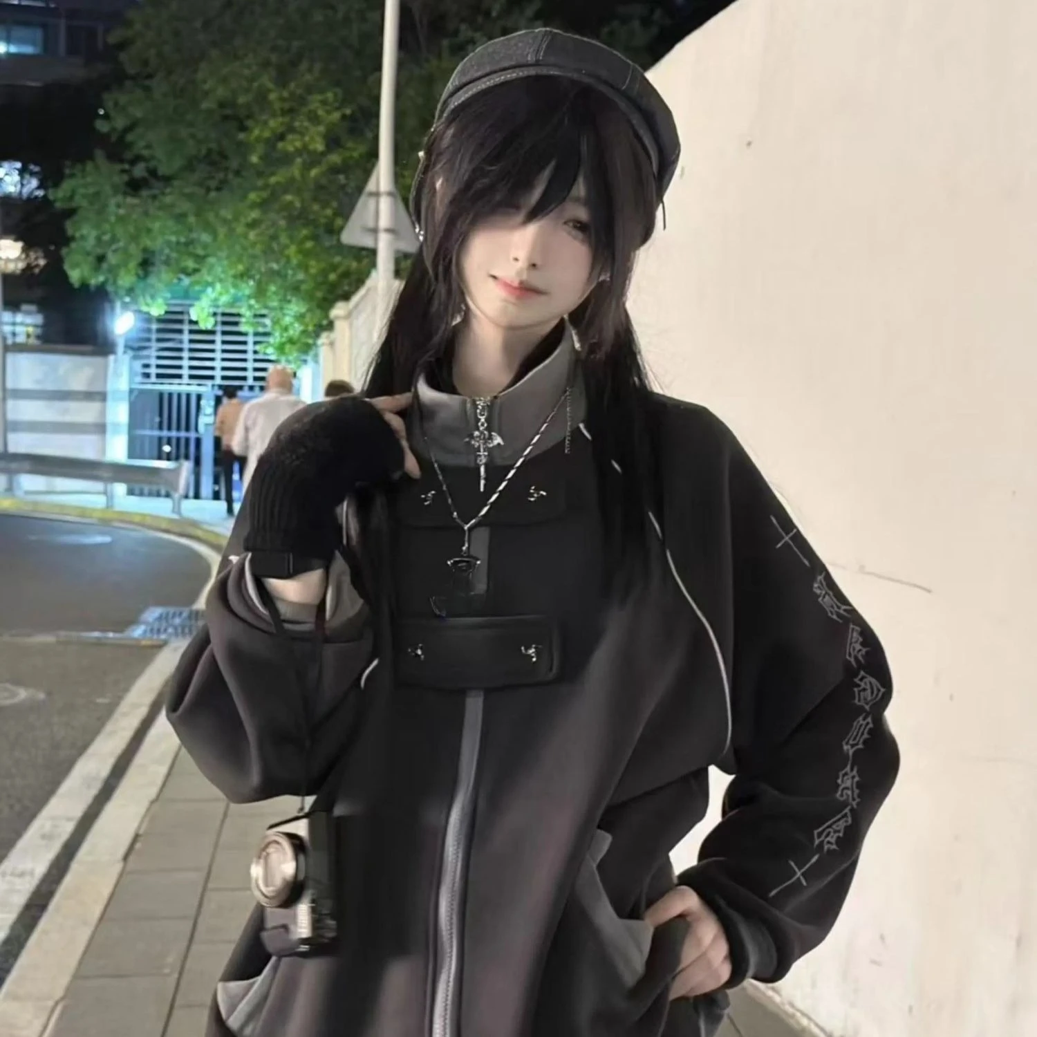 

Субкультура американская ретро куртка с длинным рукавом повседневная женская водолазка Y2K пальто с карманами и принтом Harajuku японские толстовки