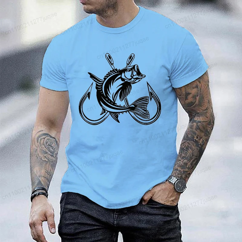 Fishing Fish Hooks Graphic Tee Men Outdoor Angler Print T-Shirt O Neck Short Sleeve Casual Loose Streetwear Fisherman Daily Tops