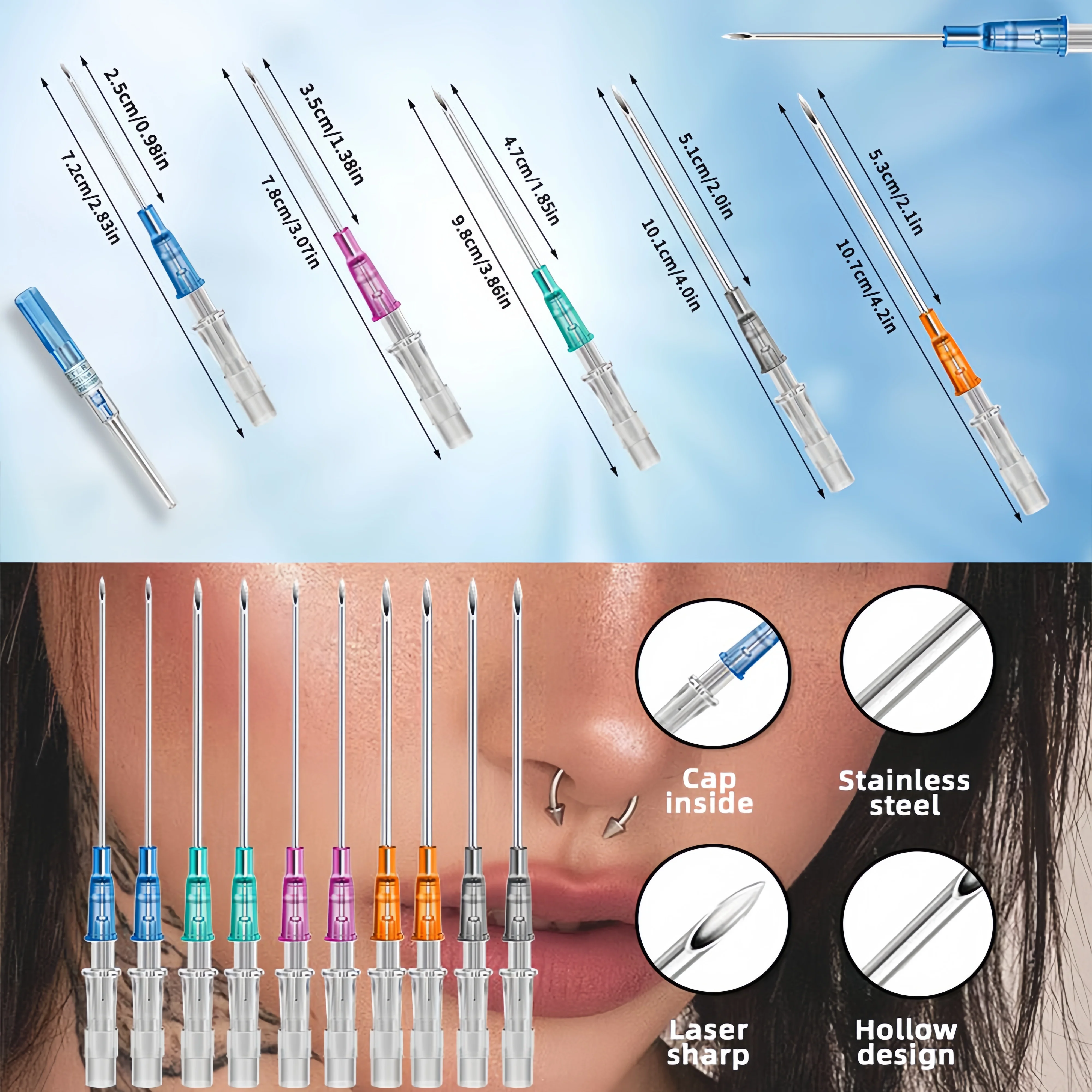 5Pcs/10Pcs Catheter Puncture Needles 14g, 16g, 18g, 20g Hollow Needles for Intravenous Catheter Puncture, Suitable for Ear, Nose, Lip, and Navel Punctures