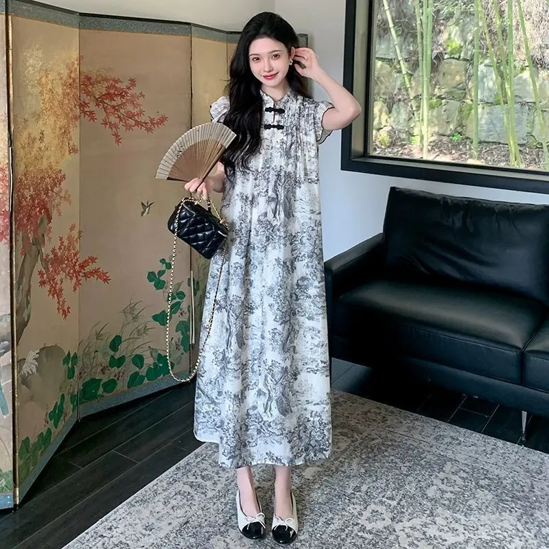 

New Chinese Style Ink Painting Small Flying Sleeve Dress Women Sense of Advanced Slimming Temperament Summer Leisure Long Skirt