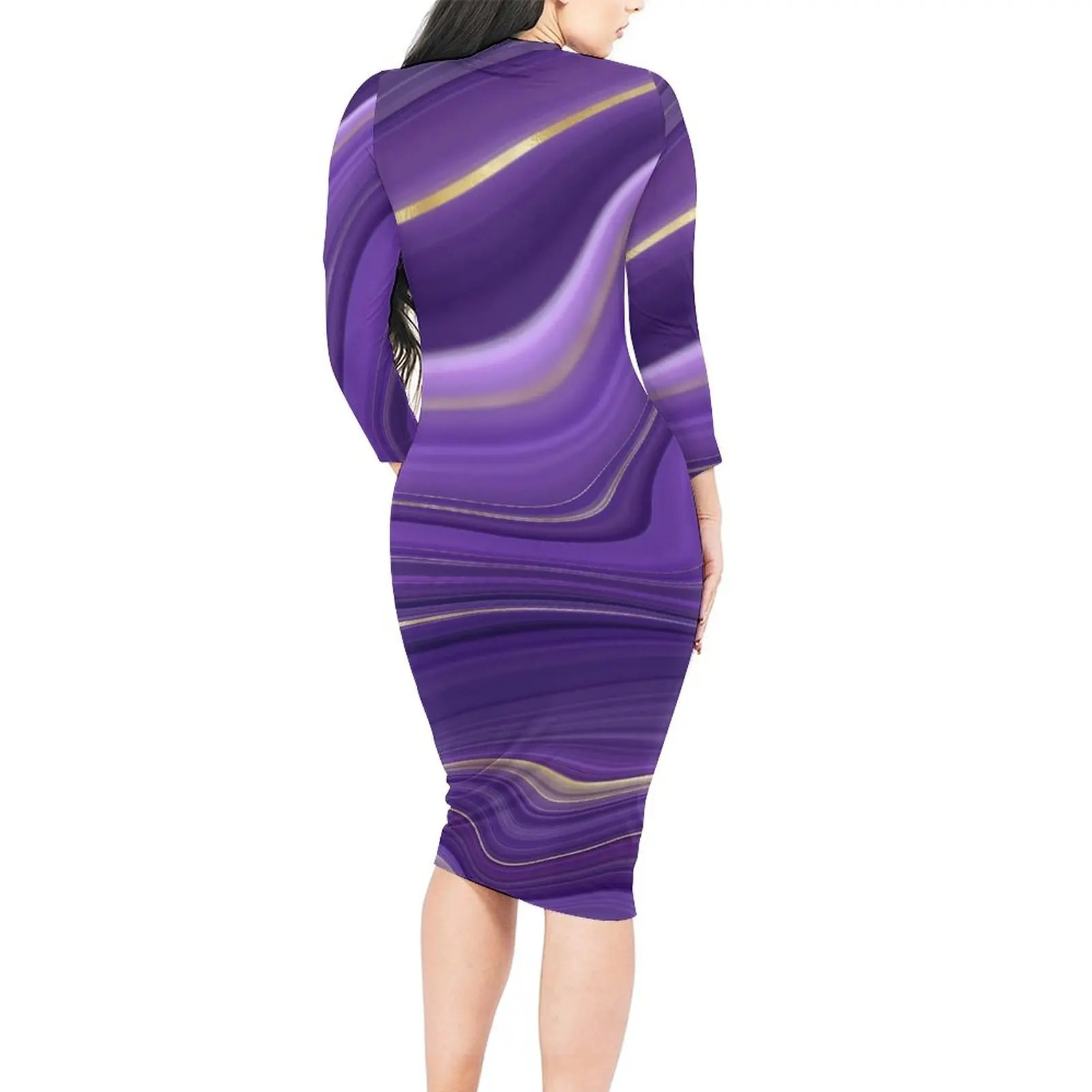 Purple Marble Bodycon Dress Female Abstract Liquid Cute Dresses Spring Long Sleeve Street Fashion Graphic Dress Big Size