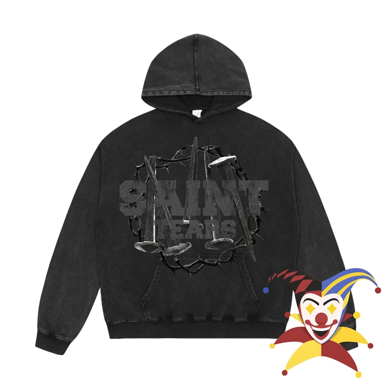 Washed Nail Thorn Print Saint Tears Wing Print Hoodie Men Women 1:1 High Quality Streetwear Casual Gray Black Pullovers