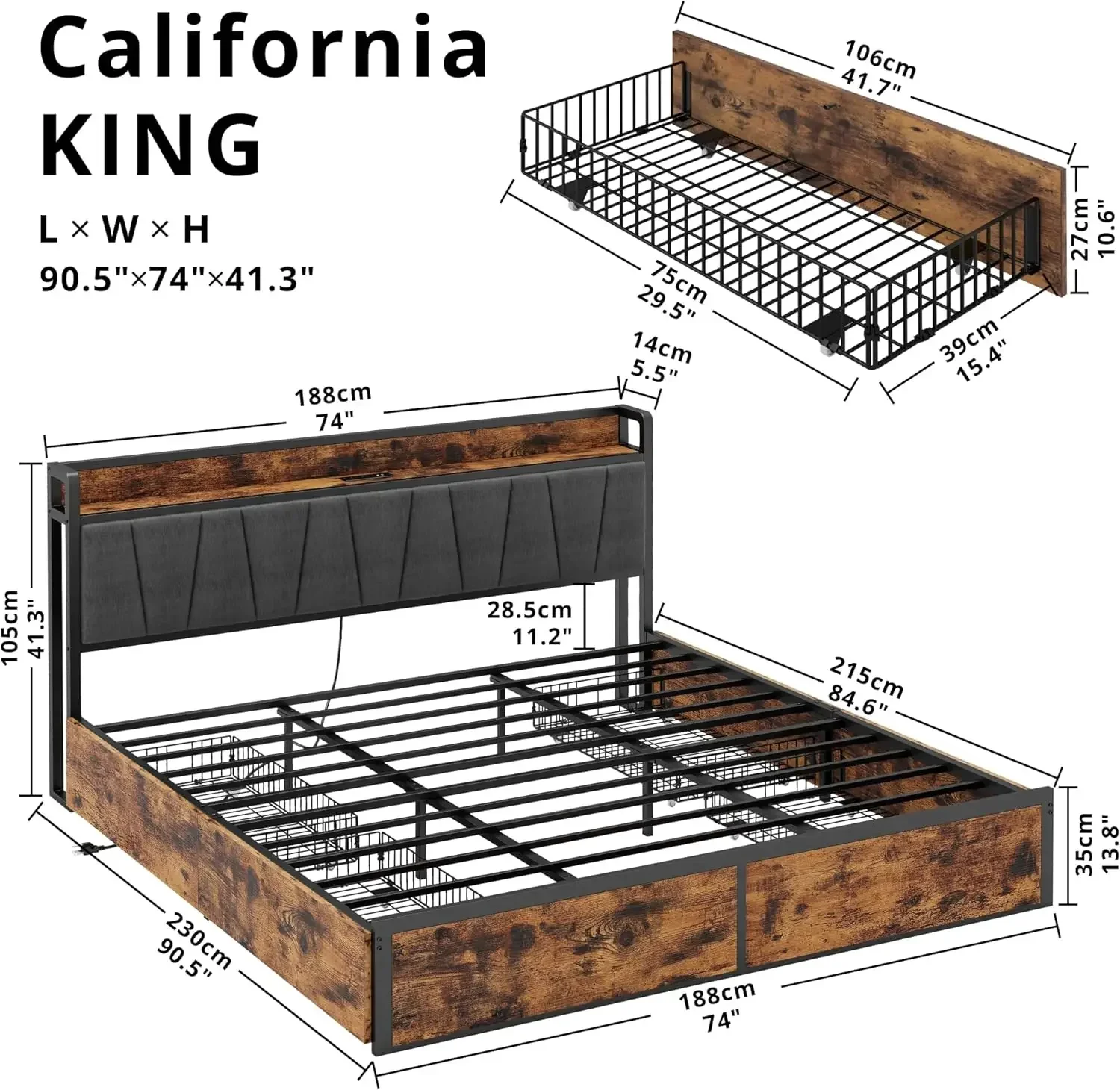 California King Bed Frame with 4 Storage Drawers, Platform Bed with Charged Headboard, Sturdy and Stable,No Noise, No Box Spring