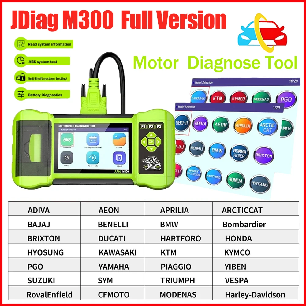 JDiag M300 Full OBD2 Scanner Diagnostic Tools Clear Fault Code Print Heavy Duty Motorcycle for Honda Yamaha with Adapter Cable