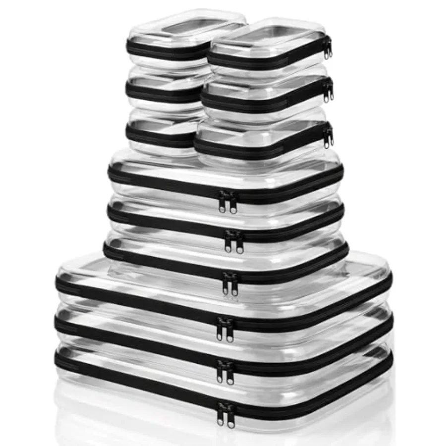 

12 Pack Clear Hard Shell Zipper Case with 50 Labels 3 X-Large/ 3 Medium/ 6 Small Stackable Clear Pouches Crush-resistant Travel
