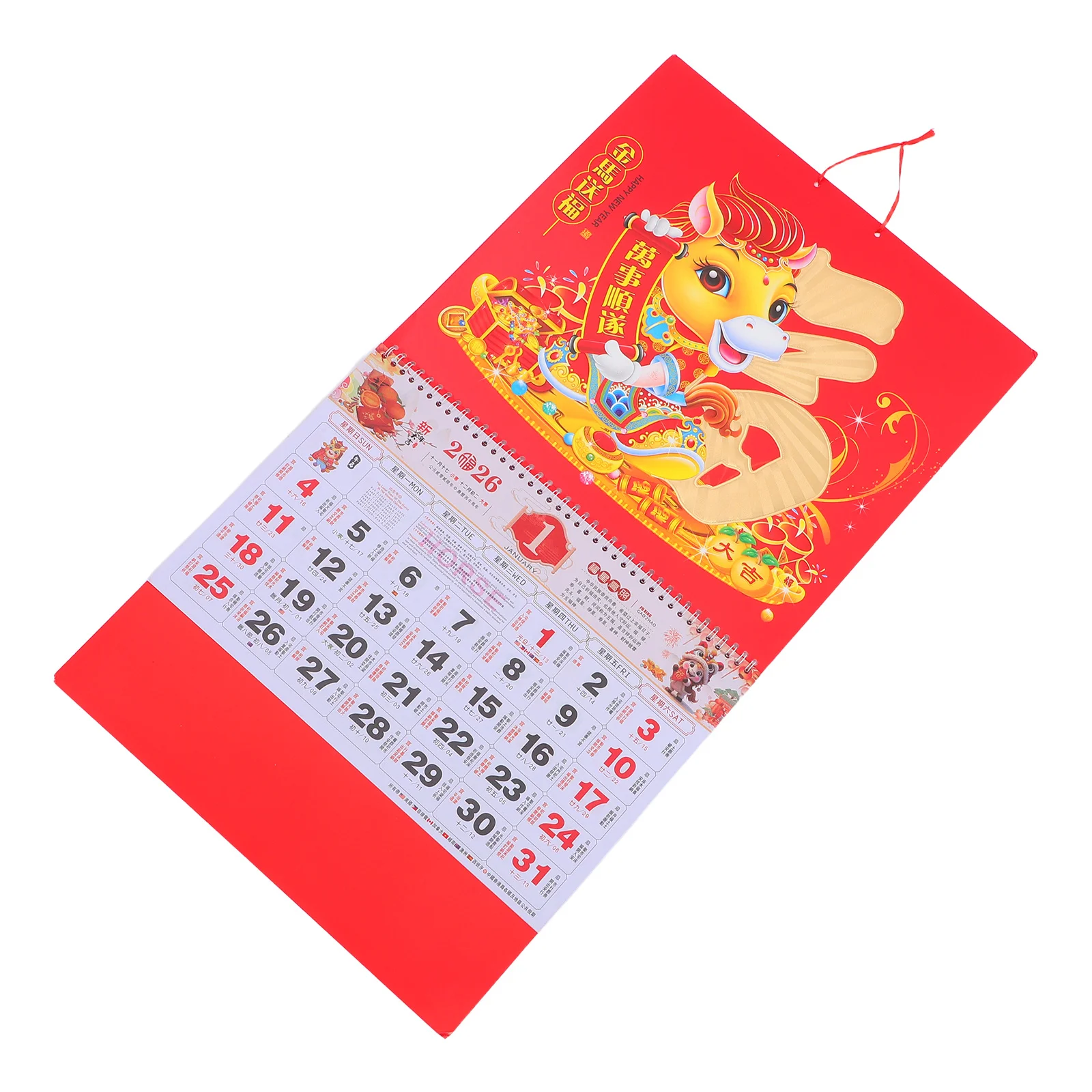 Kalender für das Jahr des Pferdes 2026, lebendige Farben, kulturelle Eleganz, monatliches Glücksdesign, Heim- und Bürodekoration