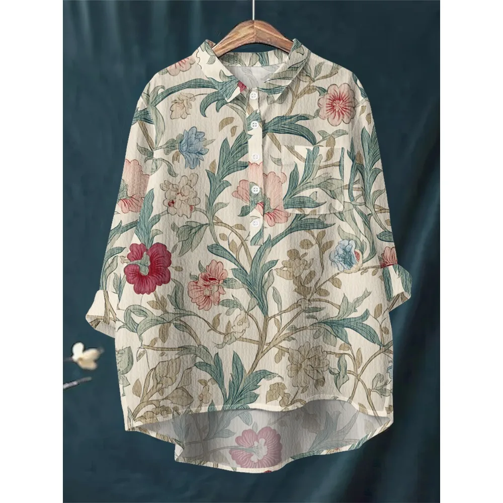 Vintage Peony Pattern Long Sleeve Shirt Women Half-Button Collared Blouse with Pocket Casual Loose Comfortable Top Daily Wear
