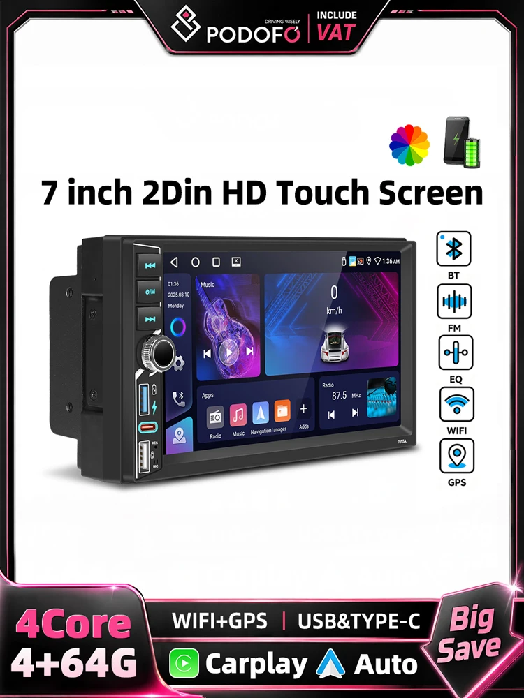 Podofo 7-calowe radio samochodowe 2 Din z Androidem, 4+64G, bezprzewodowy Carplay, Android Auto, Mirror Link, Wi-Fi, GPS, FM/RDS, BT, EQ, AI DSP, inteligentne systemy samochodowe, obsługa kamery — 2