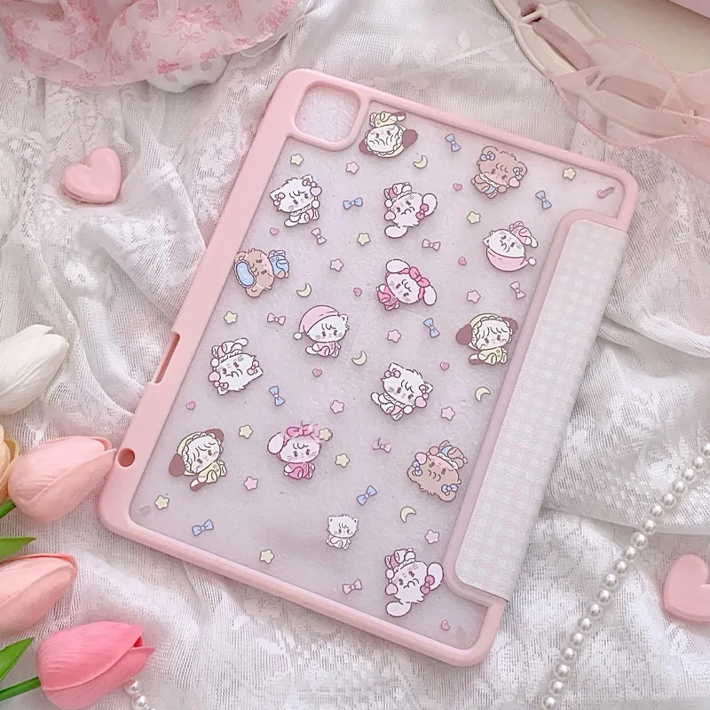 Korean Ins Pink Cat New Tablet Case For iPad Pro 11 12.9in 13 M4 9.7 10.2 5/6th 7/8/9 10 11th MINI 6 7 Air 5 6 7 Trifold Case
