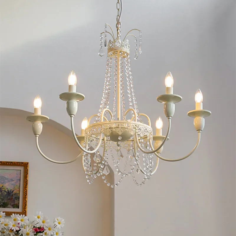 

French Retro Crystal Chandelier Wall Lamp Princess Room Candle Hanging Lamp Bedroom Bedside Lamps Rustic Style Pendant Light