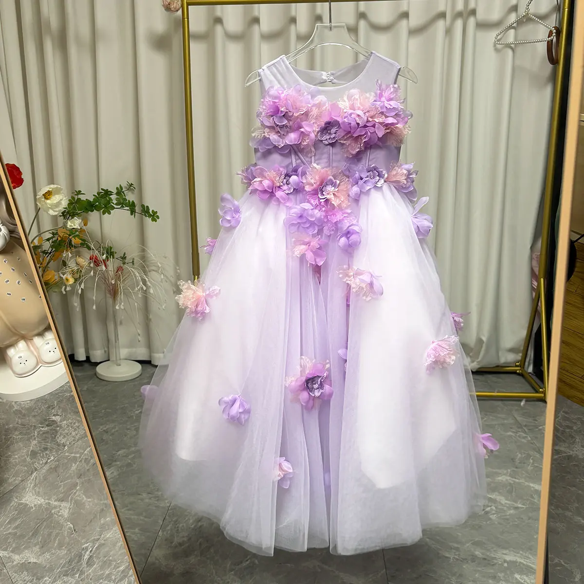 جيل ويش J605 أنيقة أرجواني زهرة فتاة فستان ثلاثية الأبعاد الزهور طويلة ألف خط الدانتيل الاطفال الأميرة الزفاف مسابقة حفلة عيد ميلاد ثوب #6