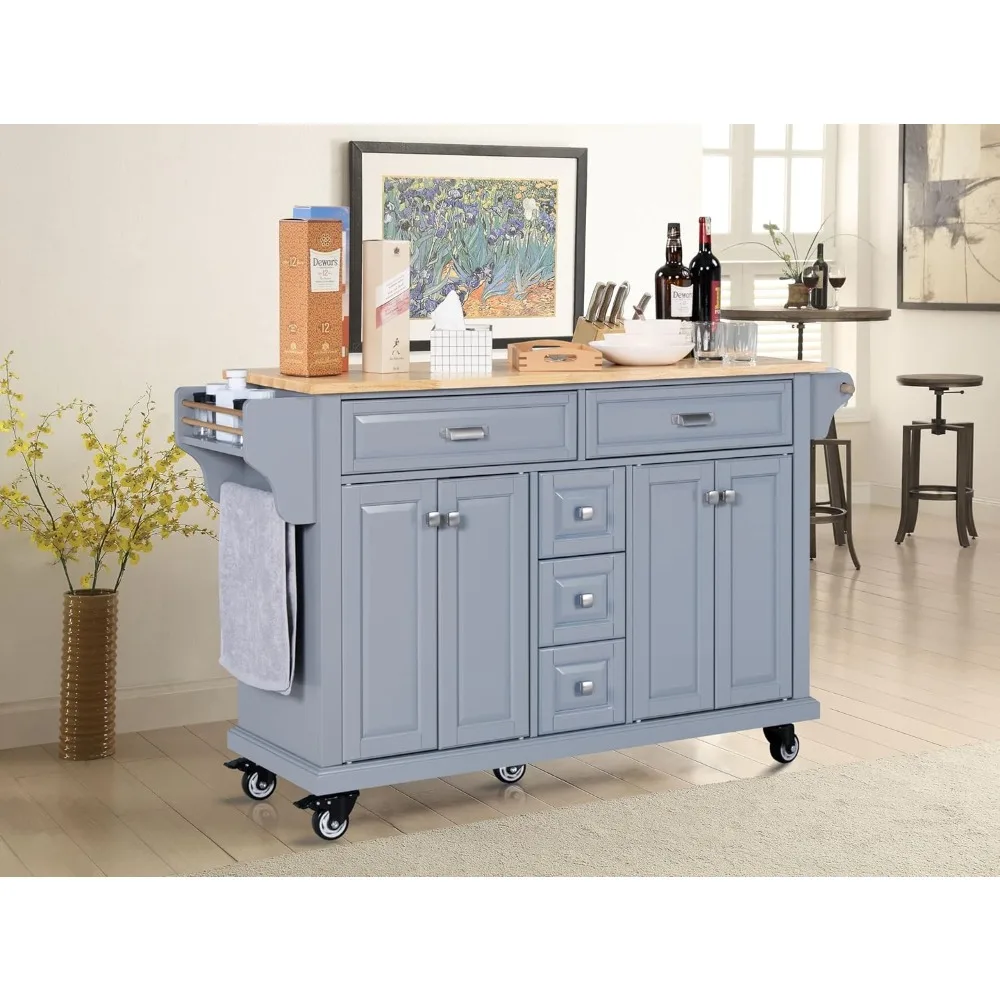 

60.5 Inch Kitchen Island with Wheels, Kitchen Rolling Island Table with Double Storage and 5 Drawers, Portable Kitchen Cart