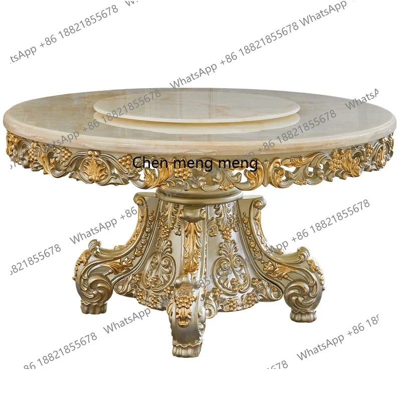 

178European solid wood carving flower round table American style marble round table with turntable, atmospheric luxury dining ta
