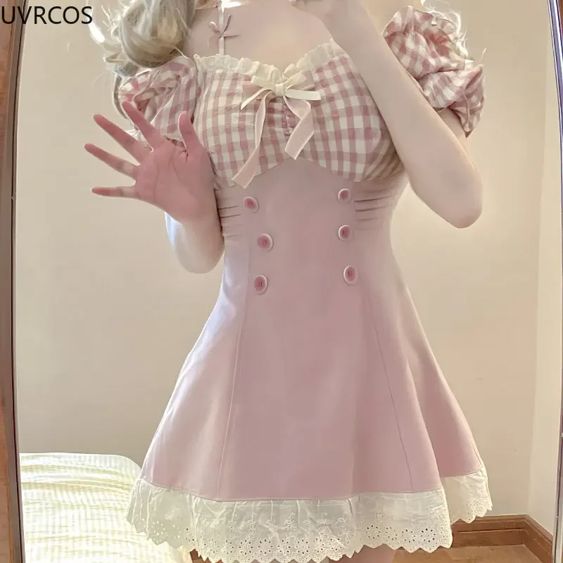 Sweet Pink Plaid Bow Princess Dress Women Sexy Slash Neck Lace Ruffle Party Mini Dresses Female Japanese Style Slim Lolita Dress