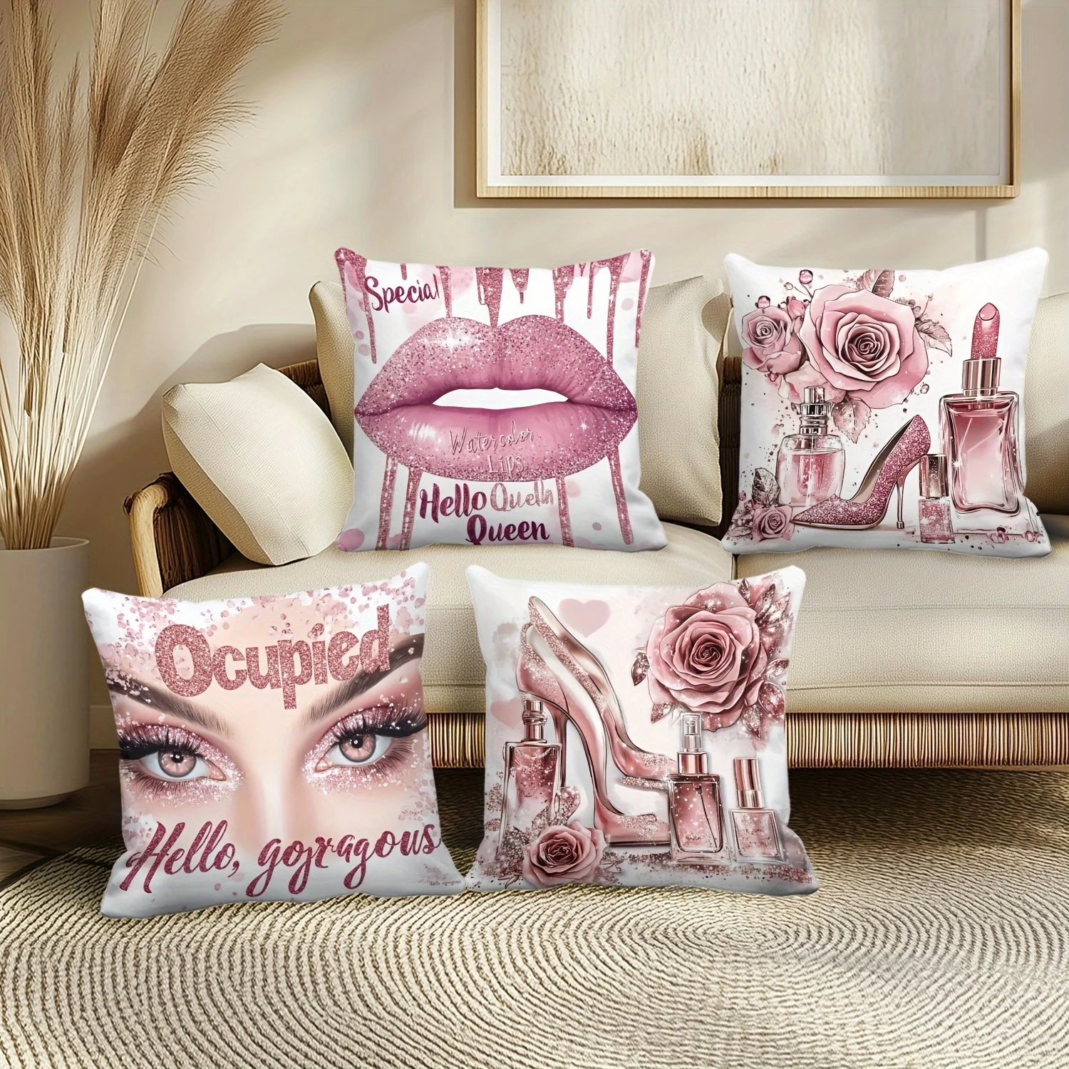 4pcs Pink Lipstick And Woman Pillowcase, Sofa Bed Car Living Room Home Decoration Room Decoration, Excluding Pillow Padding