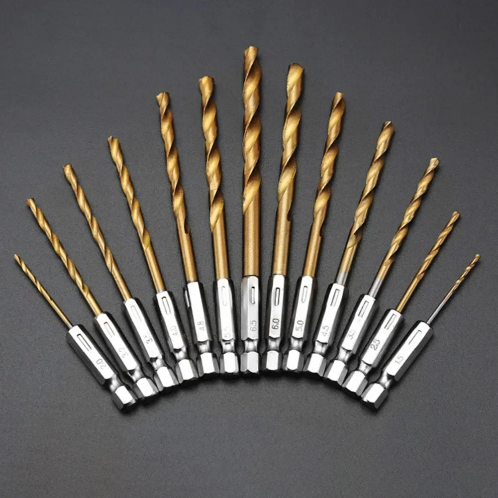 13PCS 1.5mm-6.5mm Drill Bit Set Titanium Coated High Speed Steel Hex Shank Hole Opener For Wood Plastic Aluminum Accessories