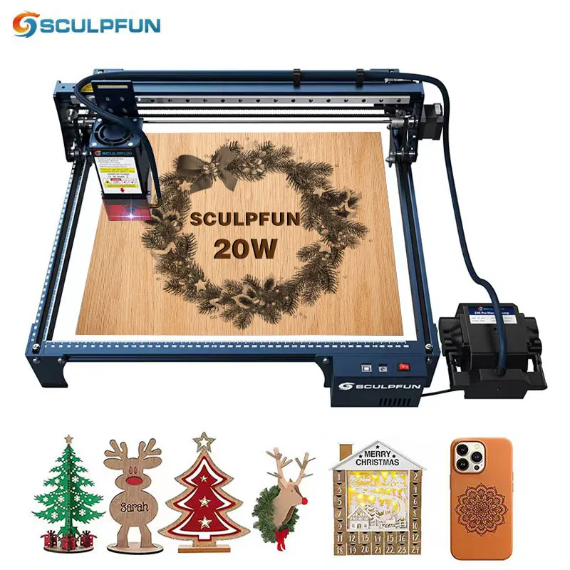 새로운 SCULPFUN S30 Pro Max 레이저 조각기, 자동 공기 지원 시스템 20W 조각 기계 교체 가능한 렌즈 눈 보호