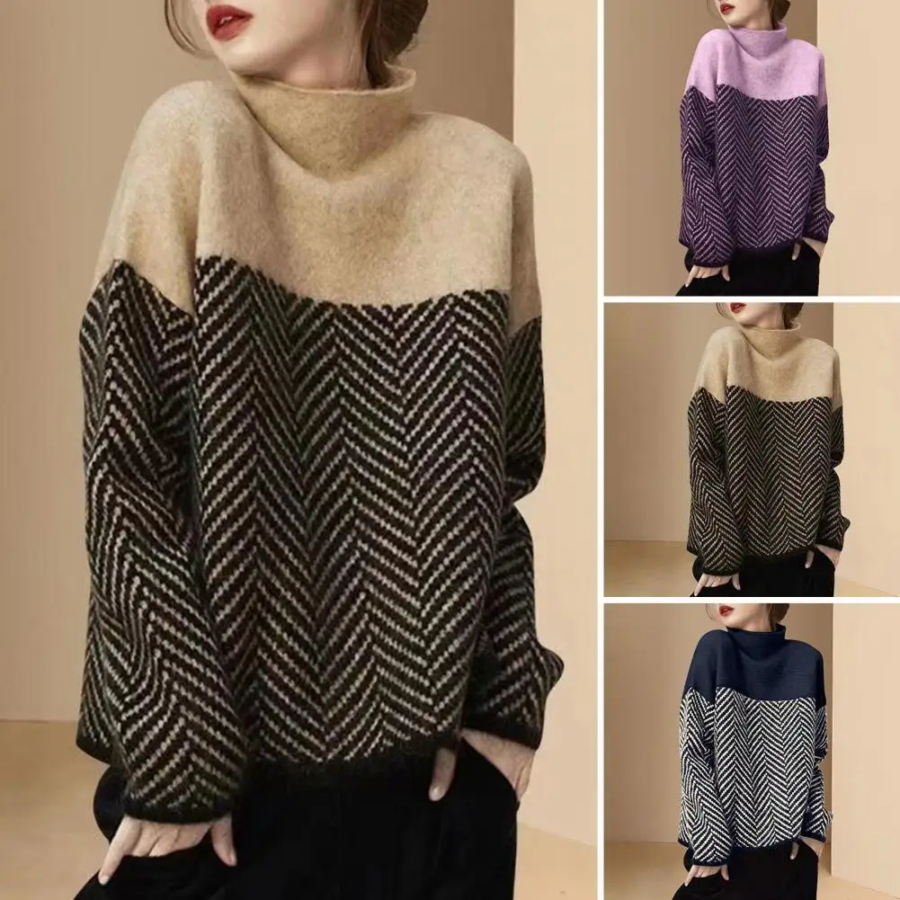 

Soft Stretchy Women Top Color-blocked Loose Fit Knitting Top for Women Half High Collar Long Sleeve Sweater Thick for Autumn