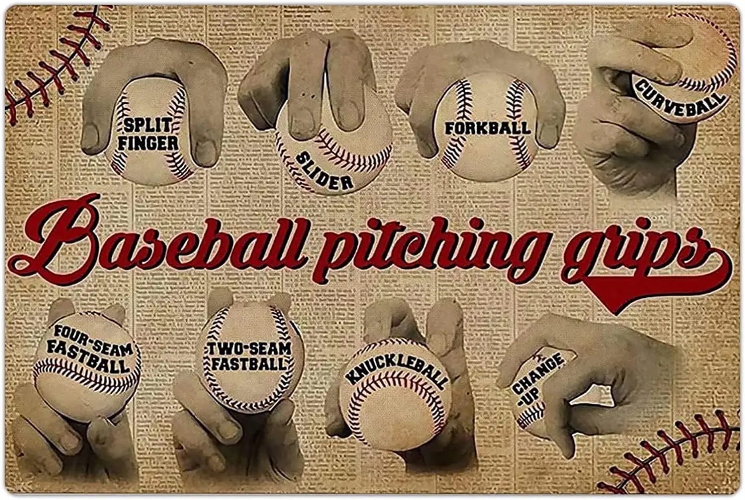 Youpinnong Baseball Pitching Grips Metal Signs Vintage Pitching Guide Posters Retro Wall Decor for Baseball Club Bar Room Decor 