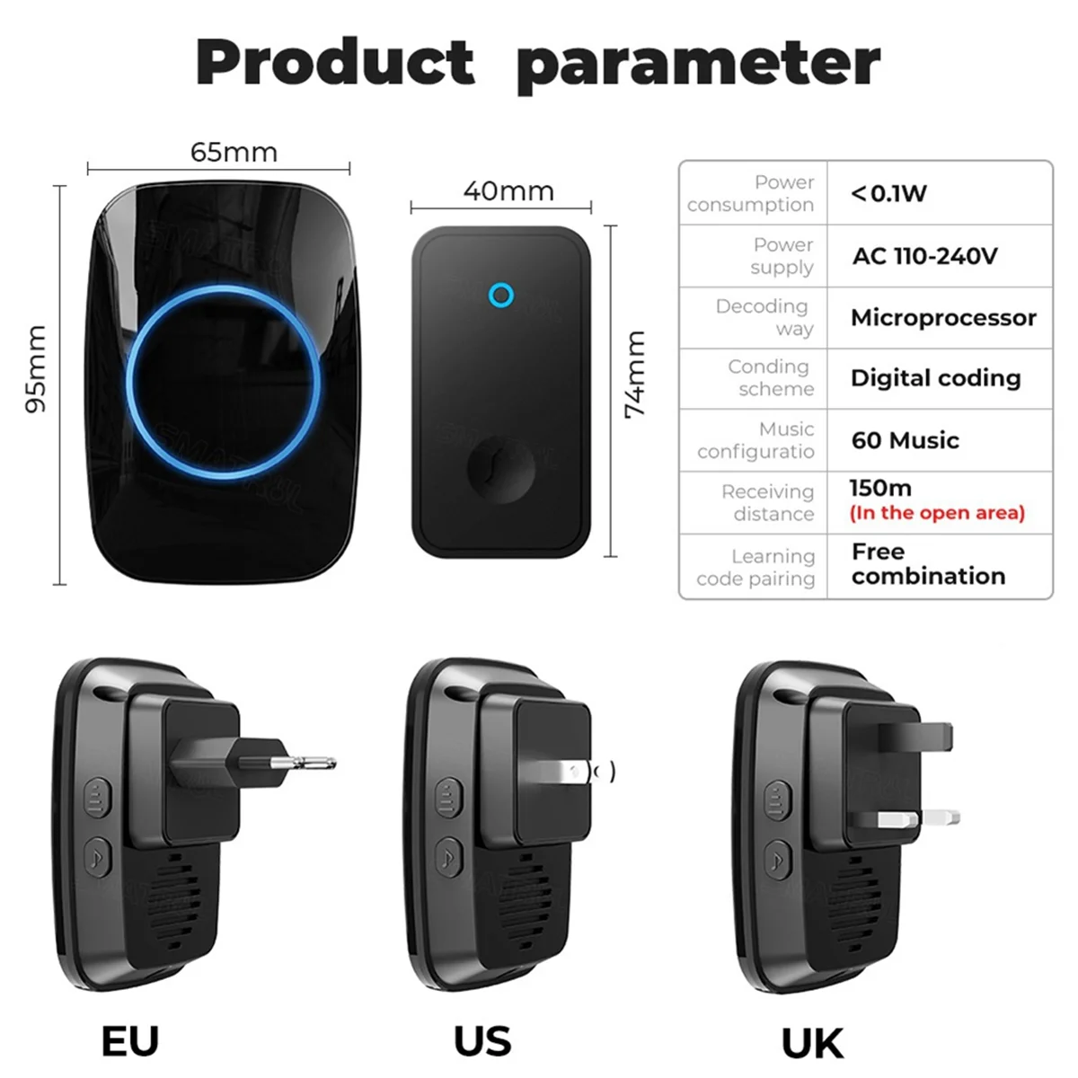 Auto alimentado campainha sem fio, sem bateria, à prova d'água campainha, campainha anel para crianças e idosos, chamador UE Plug